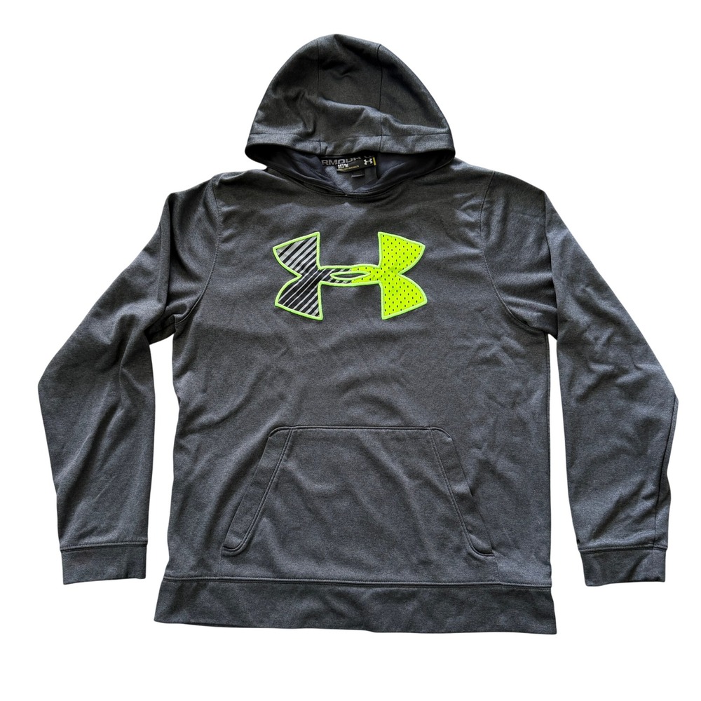 Under Armour Hoodie Mens Medium Gray Neon Logo Loose Fit Pullover Sweatshirt